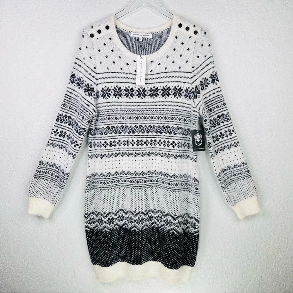 NWT Cupcakes and Cashmere Black & Ivory Fair Isle Snowflake Sweater Dress Large